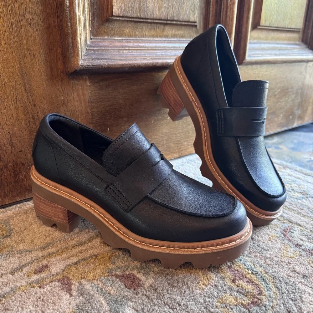 🦋Sorel Women's Black Chunky Joan Now City Leather Penny Loafers🦋 - Picture 2 of 11